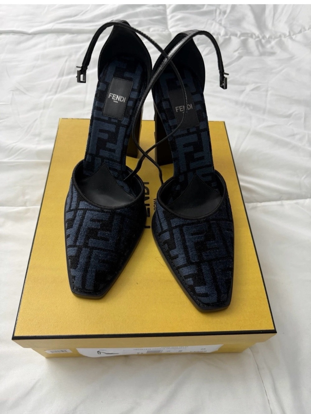 Fendi Navy FF Jacquard Pointed Ankle-Strap Pumps
